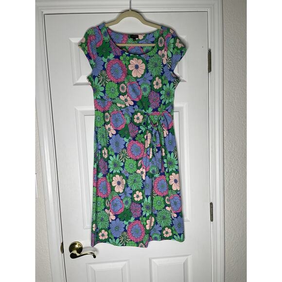 NWOT TALBOTS EFFORTLESS JERSEY FLORAL TIE DRESS Green & Blue Womens Medium - Picture 2 of 7